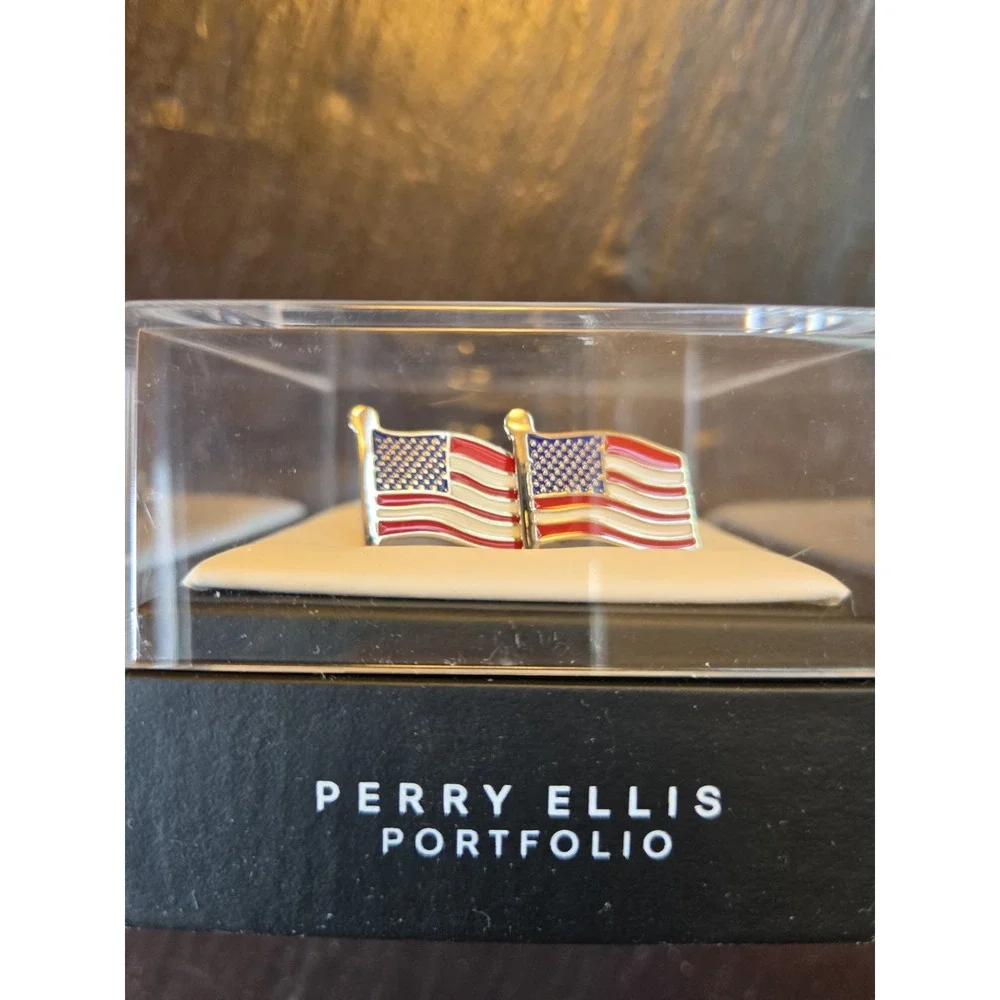 Perry Ellis Portfolio Men's American Flag Silver-Tone Toggle Cuff Links NEW! $40